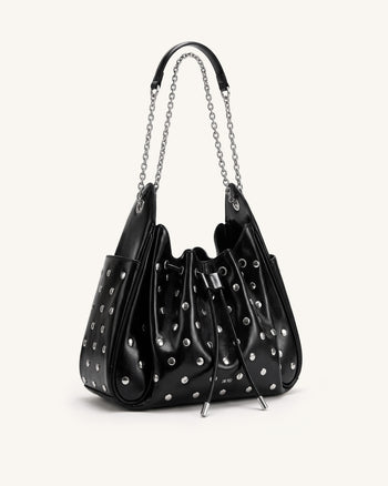 Rowan Borsa a secchiello arricciata con catena, coulisse e borchie - Nero lucido