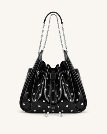 Rowan Borsa a secchiello arricciata con catena, coulisse e borchie - Nero lucido