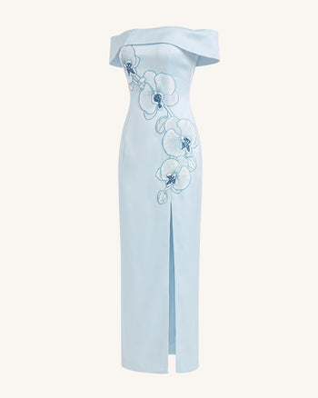Abito lungo con spalle scoperte ricamato con orchidee - Blu