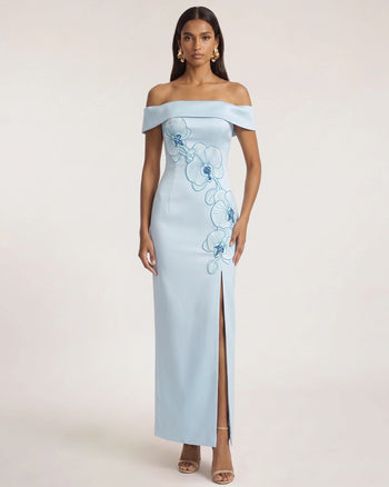 Abito lungo con spalle scoperte ricamato con orchidee - Blu