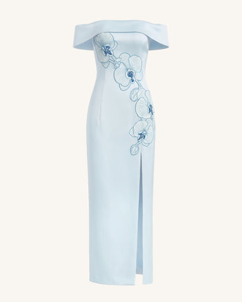Abito lungo con spalle scoperte ricamato con orchidee - Blu