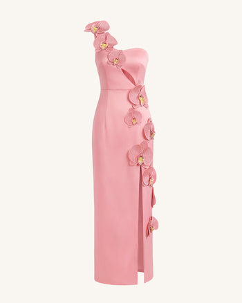 Abito lungo con spacco e cut-out decorato con orchidee - Rosa cipria