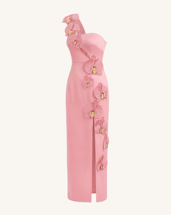 Abito lungo con spacco e cut-out decorato con orchidee - Rosa cipria