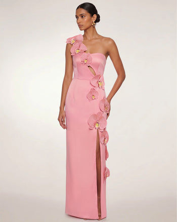 Abito lungo con spacco e cut-out decorato con orchidee - Rosa cipria