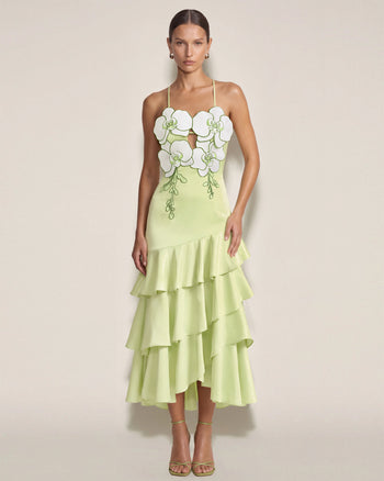 Abito midi con volant decorato con orchidee - Verde chiaro