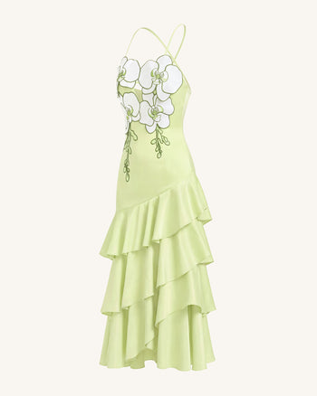 Abito midi con volant decorato con orchidee - Verde chiaro