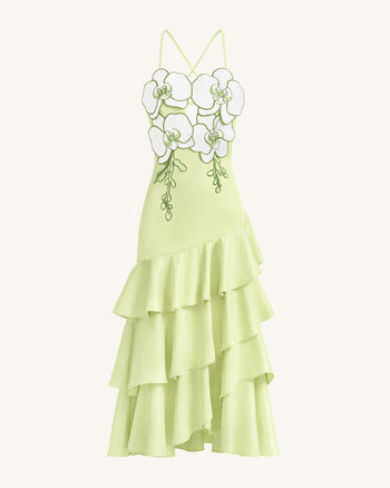 Abito midi con volant decorato con orchidee - Verde chiaro