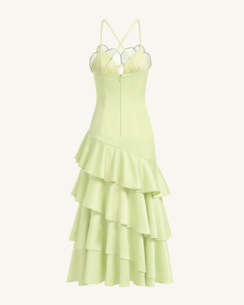 Abito midi con volant decorato con orchidee - Verde chiaro