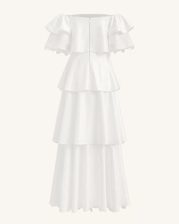 Abito lungo a balze con spalle scoperte ricamato con orchidee - Bianco