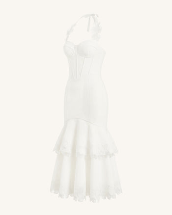Abito midi a corsetto allacciato al collo ricamato con orchidee - Bianco