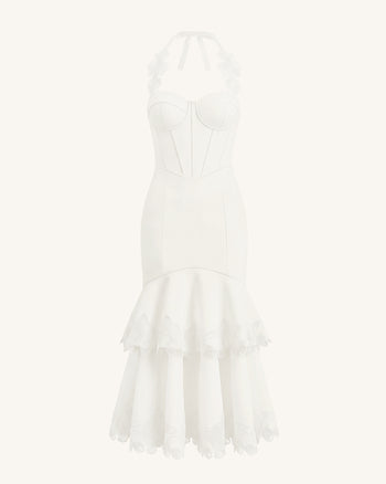 Abito midi a corsetto allacciato al collo ricamato con orchidee - Bianco