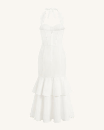 Abito midi a corsetto allacciato al collo ricamato con orchidee - Bianco