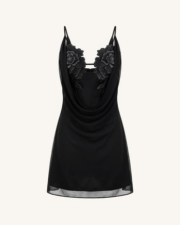 Vestito corto con scollo ad anello e ricamo floreale - Nero