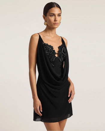 Vestito corto con scollo ad anello e ricamo floreale - Nero