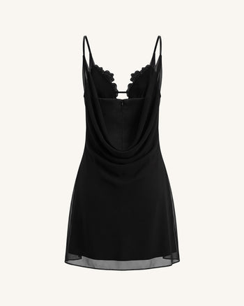 Vestito corto con scollo ad anello e ricamo floreale - Nero