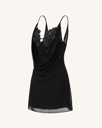 Vestito corto con scollo ad anello e ricamo floreale - Nero