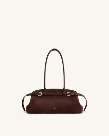 Arden Borsa a spalla orizzontale in finta pelle scamosciata con dettaglio cintura - Marrone caffè