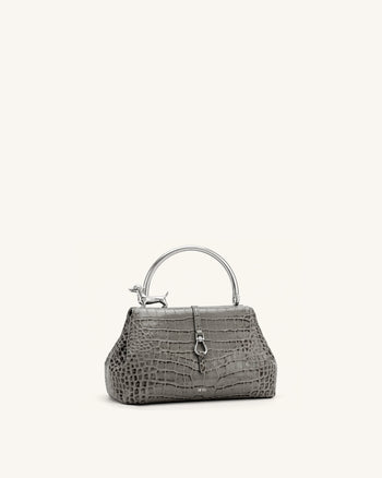 Bruna Borsa a mano con manico in metallo a forma di bassotto - Grigio chiaro effetto coccodrillo