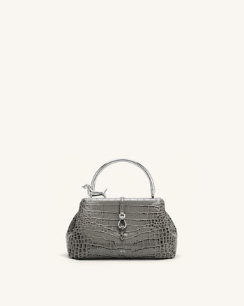 Bruna Borsa a mano con manico in metallo a forma di bassotto - Grigio chiaro effetto coccodrillo
