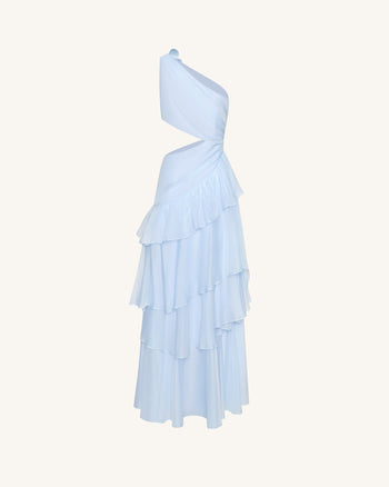 Abito lungo in chiffon con volant e cut-out sulle spalle One - Blu