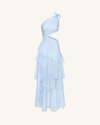 Abito lungo in chiffon con volant e cut-out sulle spalle One - Blu