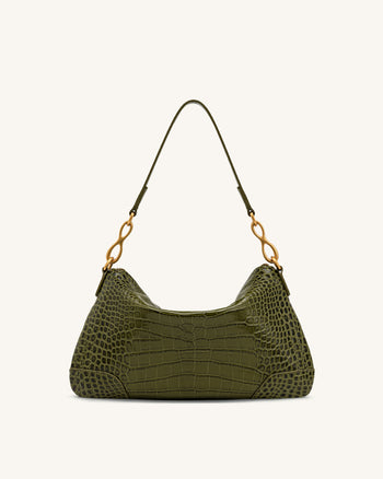 Jayla Borsa a spalla decorata con pendente in metallo - Effetto coccodrillo verde
