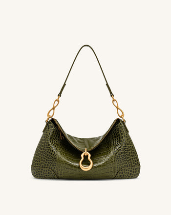Jayla Borsa a spalla decorata con pendente in metallo - Effetto coccodrillo verde