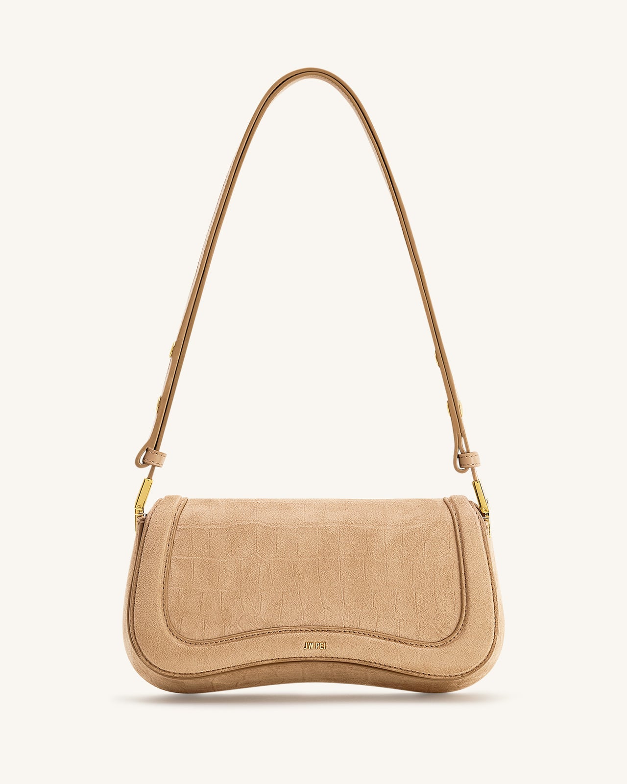 Joy Borsa a Spalla in Similpelle Scamosciata con Stampa Croco - Beige