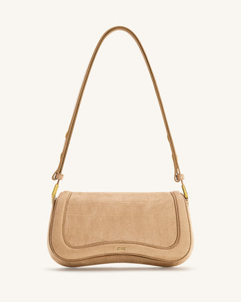 Joy Borsa a Spalla in Similpelle Scamosciata con Stampa Croco - Beige