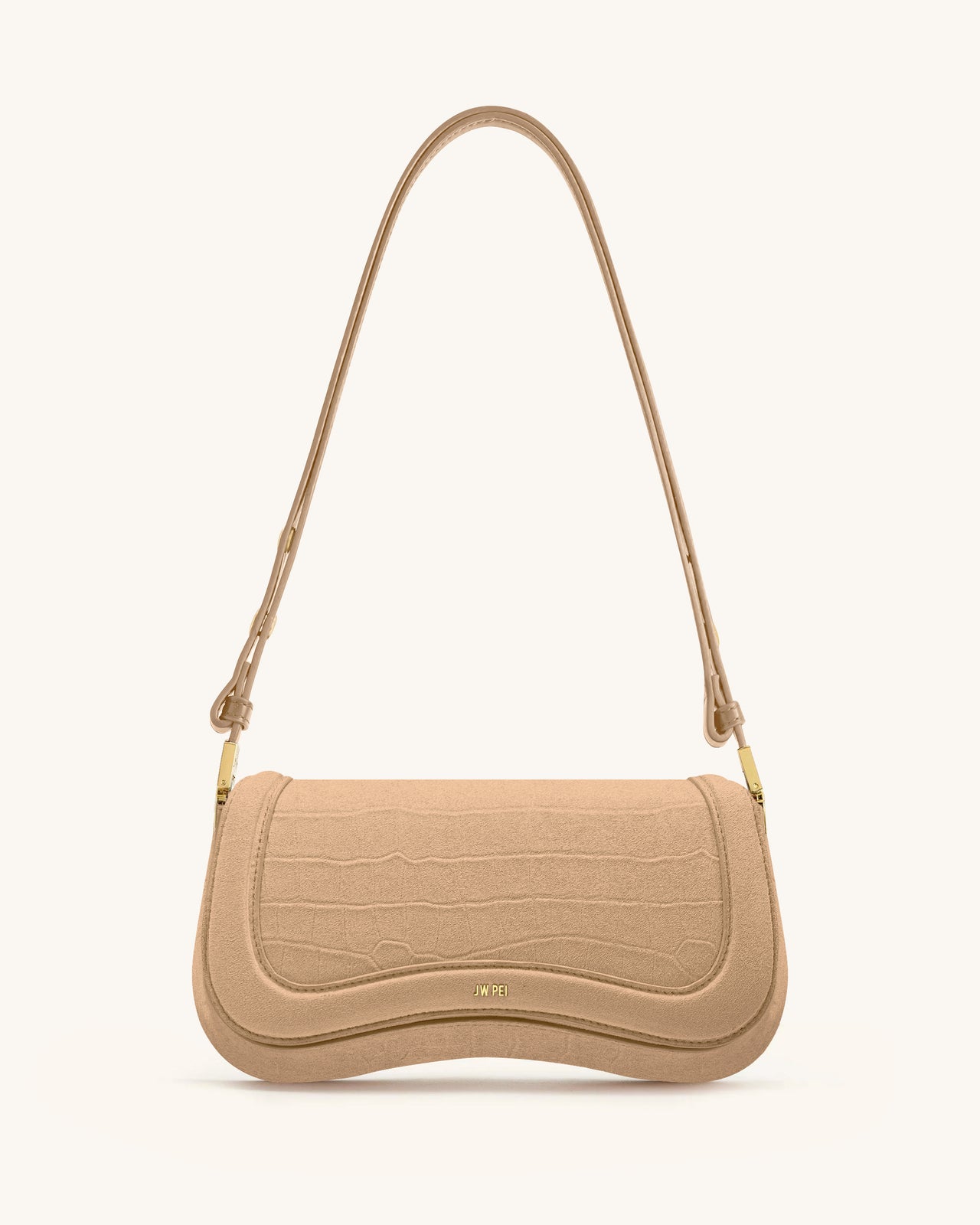 Joy Borsa a Spalla in Similpelle Scamosciata con Stampa Croco - Beige