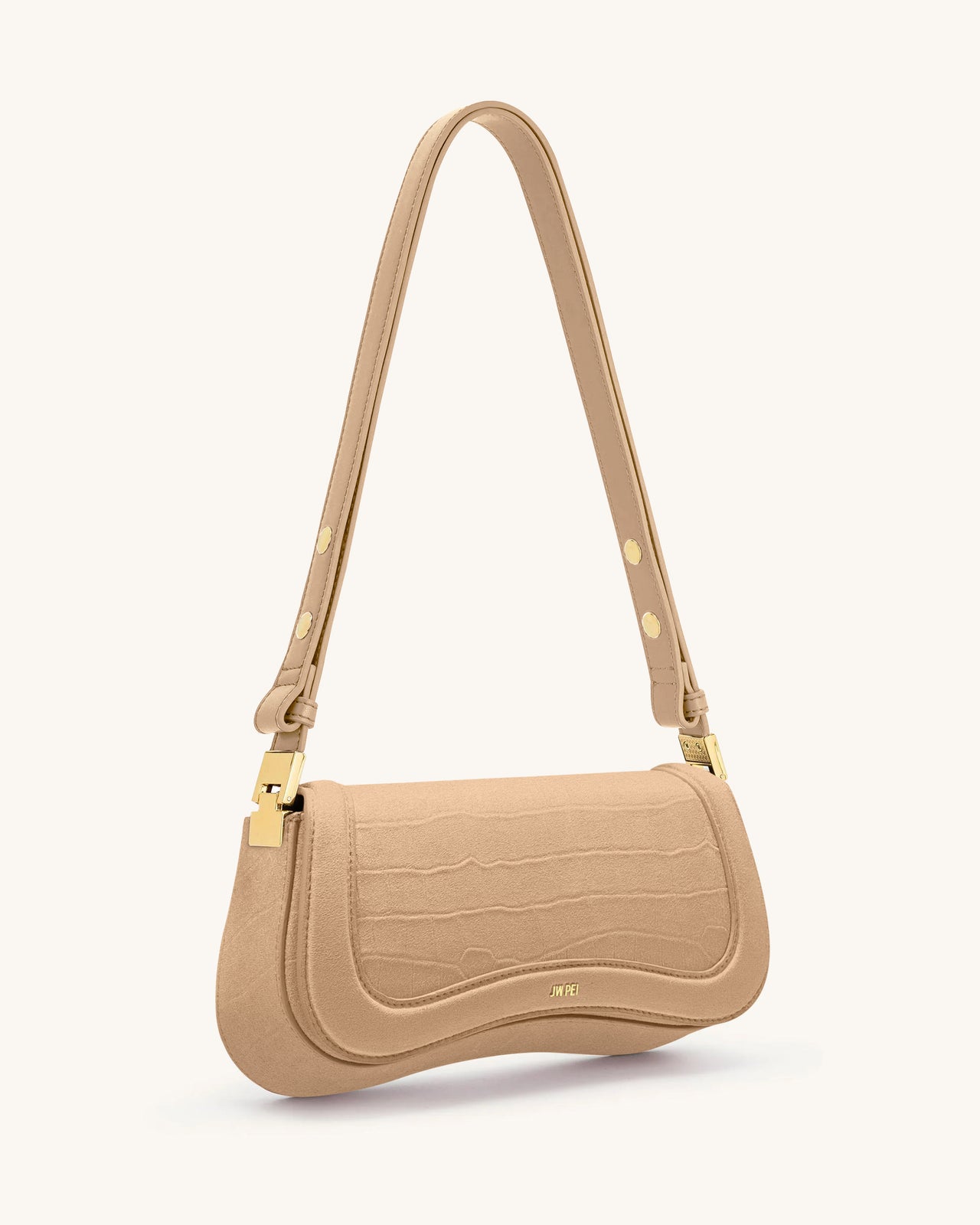 Joy Borsa a Spalla in Similpelle Scamosciata con Stampa Croco - Beige