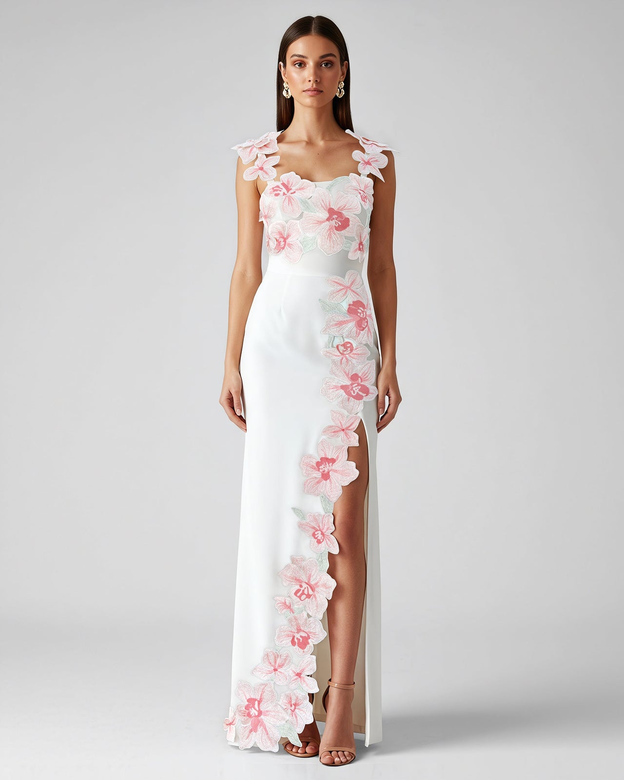 Abito Ricamato con Fiori - Bianco/Rosa