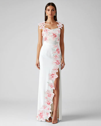 Abito Ricamato con Fiori - Bianco/Rosa