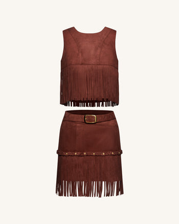 Halter con frange in finta pelle scamosciata - Borgogna