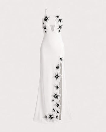 Maxi abito all'americana con ricamo floreale e cut-out - Bianco