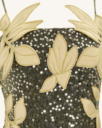 Araminta Abito con Paillettes e Dettagli Floreali - Oro
