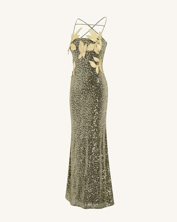 Araminta Abito con Paillettes e Dettagli Floreali - Oro