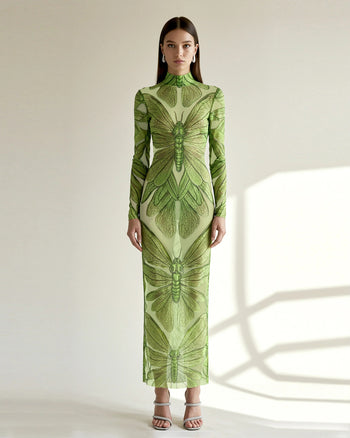 Abito Lungo in Tulle Trasparente con Libellula Smeraldo - Verde