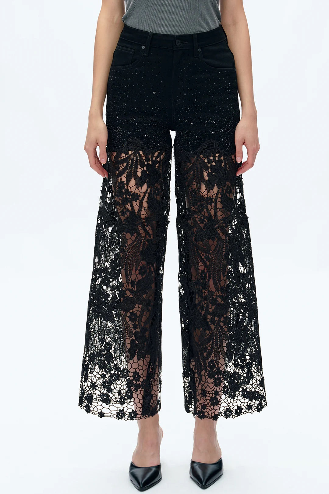 Jeans in Denim con Ricami in Pizzo, a Vita Alta e Gamba Ampia con Strass - Nero