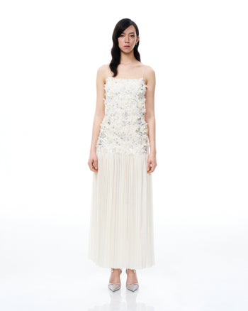 Galadriel Abito Maxi con Fiori 3D e Paillettes - Bianco