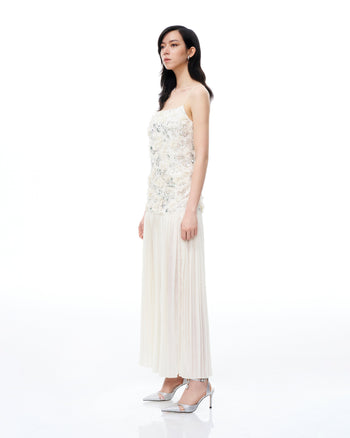 Galadriel Abito Maxi con Fiori 3D e Paillettes - Bianco