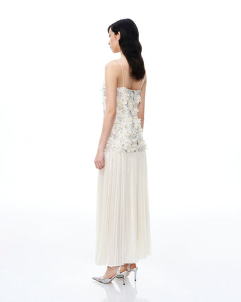 Galadriel Abito Maxi con Fiori 3D e Paillettes - Bianco