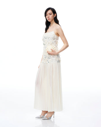 Galadriel Abito Maxi con Fiori 3D e Paillettes - Bianco