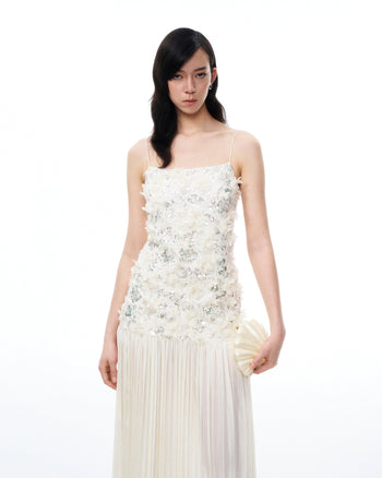 Galadriel Abito Maxi con Fiori 3D e Paillettes - Bianco