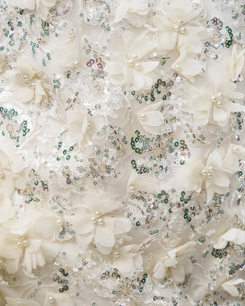Galadriel Abito Maxi con Fiori 3D e Paillettes - Bianco