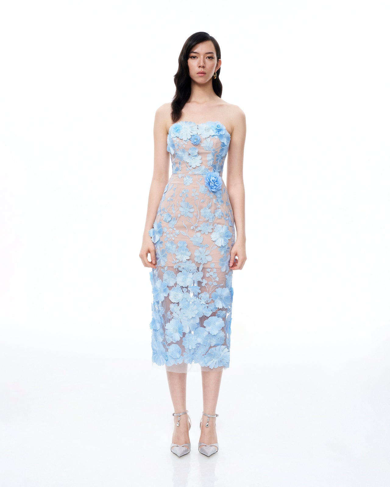 Evander Abito lungo con ricami floreali 3D - Blu