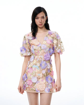 Evangeline Abito con scollo a V e ricami floreali 3D - Multicolore pastello