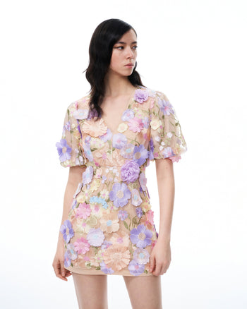 Evangeline Abito con scollo a V e ricami floreali 3D - Multicolore pastello