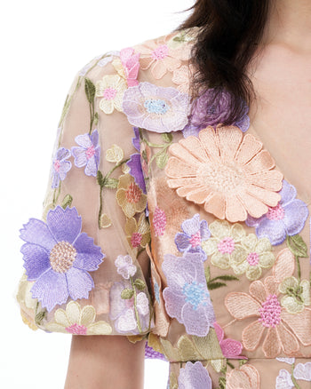 Evangeline Abito con scollo a V e ricami floreali 3D - Multicolore pastello