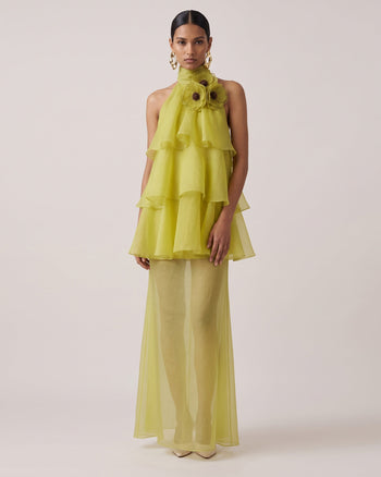 Poppy Maxi abito a balze con volant ricamato e allacciatura al collo - Verde lime
